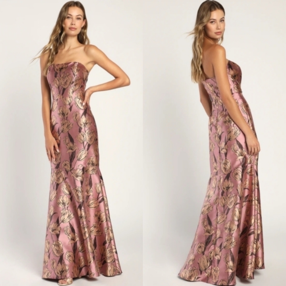 Lulus Gowning Around Mauve Floral Jacquard Strapless Maxi Dress M Wedding Party